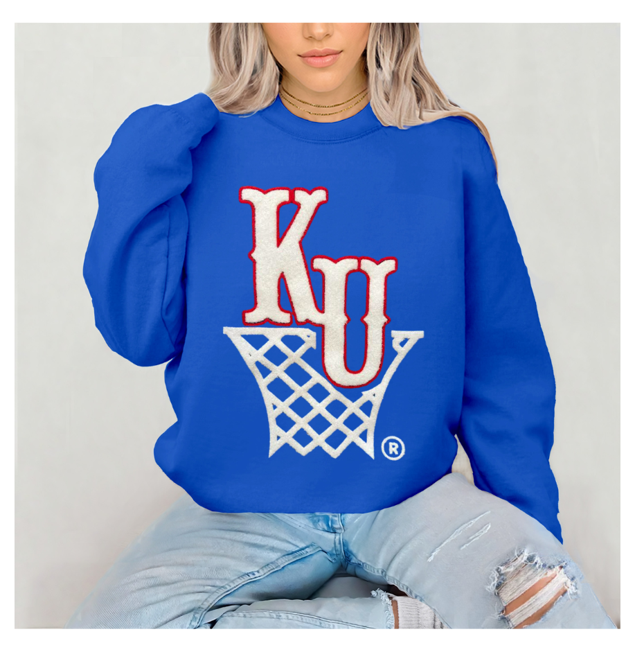 Royal Unisex Crew Neck Sweatshirt KU BASKETBALL logo VINTAGE FLOCK