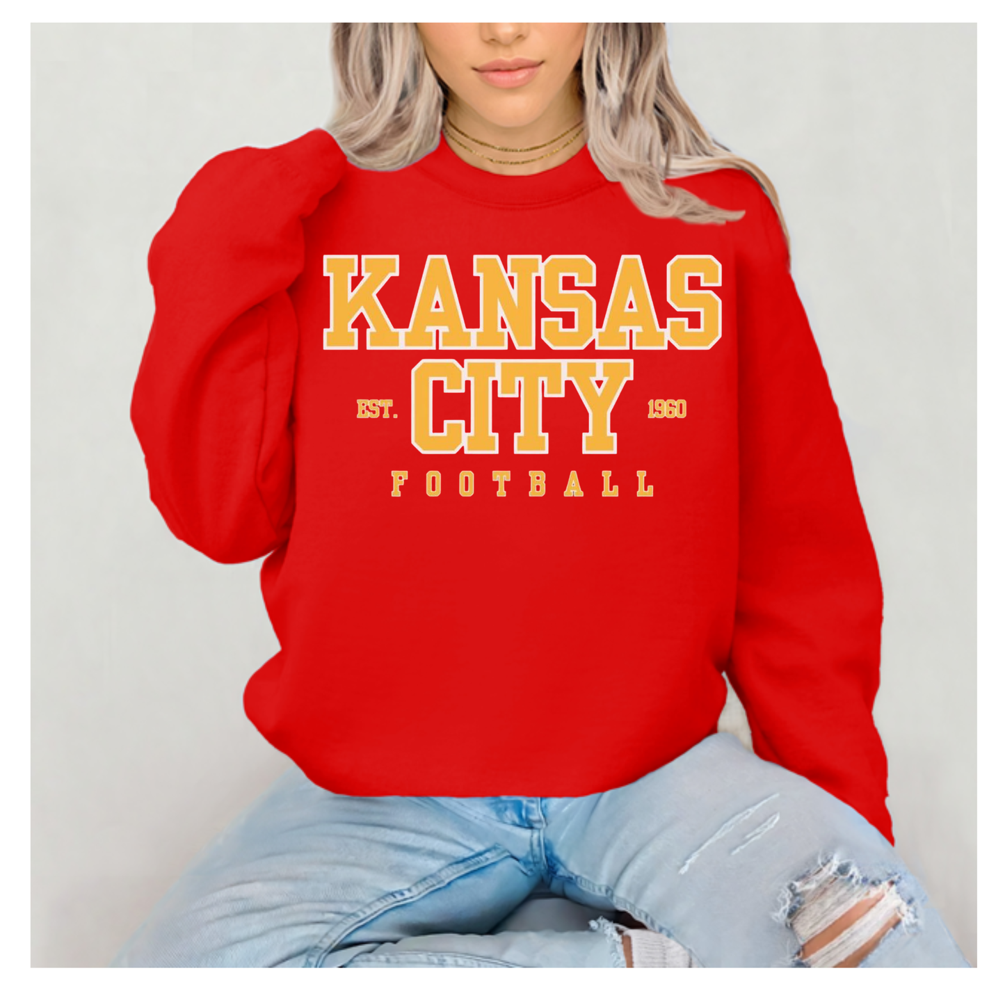 RED Unisex Crew Neck Sweatshirt KANSAS CITY BLOCK Vintage Flock