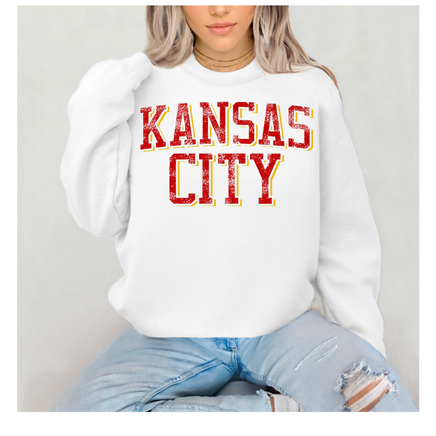 White Unisex Crew Neck Sweatshirt KANSAS CITY Block Font Vintage Flock