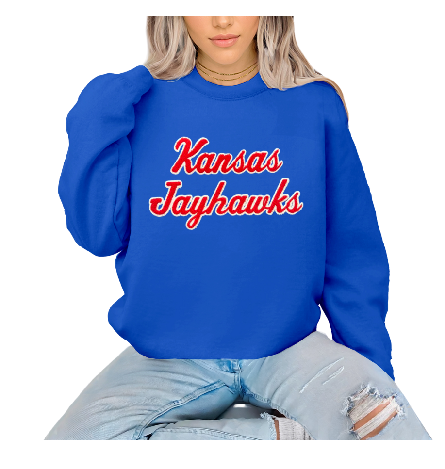 Royal Unisex Crew Neck Sweatshirt Kansas Jayhawks Script Font  VINTAGE FLOCK