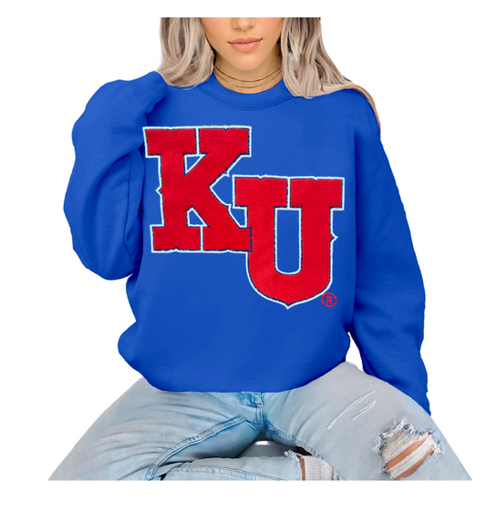 Royal Unisex Crew Neck Sweatshirt KU Football Font  VINTAGE FLOCK