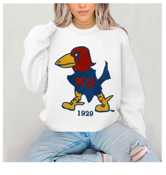 White Ladies Crewneck 1929 Fight Jayhawk Vintage Flock