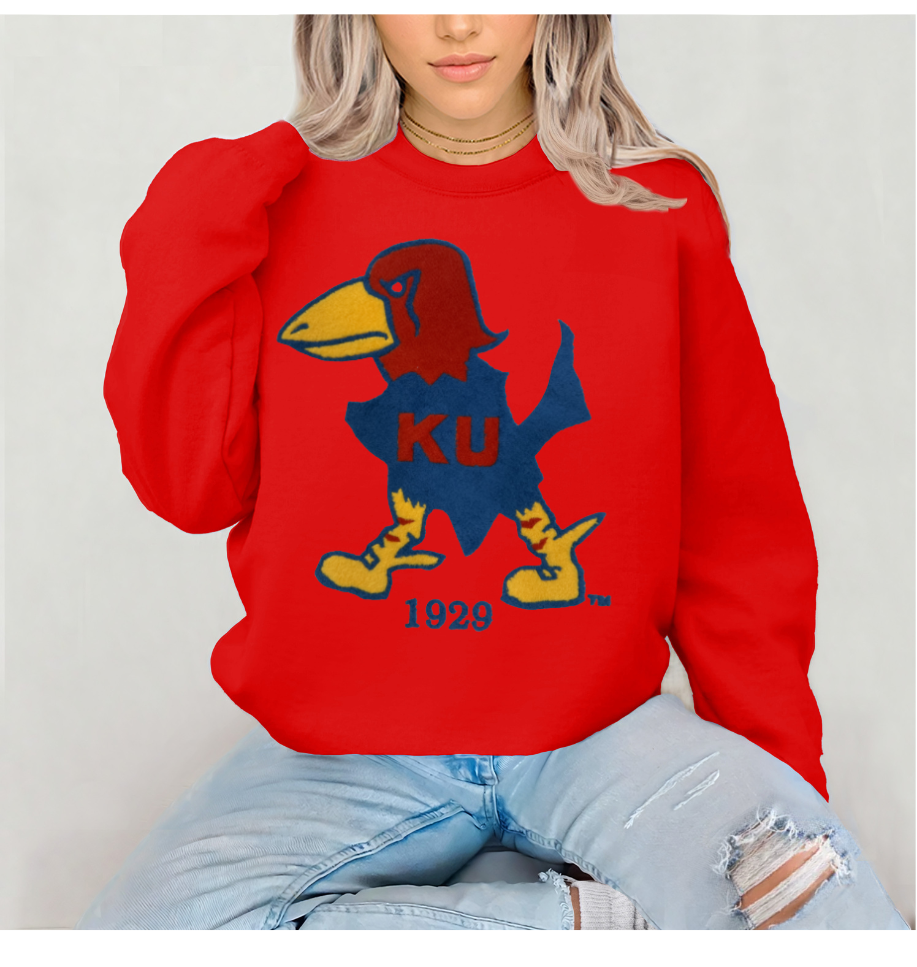 Red Unisex Crew Neck Sweatshirt KU 1929 Jayhawk logo VINTAGE FLOCK