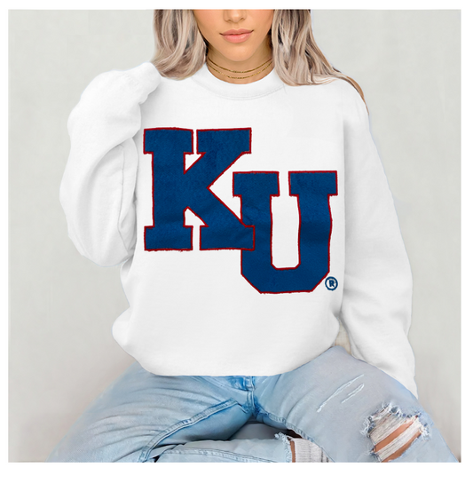 White Unisex Crew Neck Sweatshirt KU OLD FONT Vintage Flock