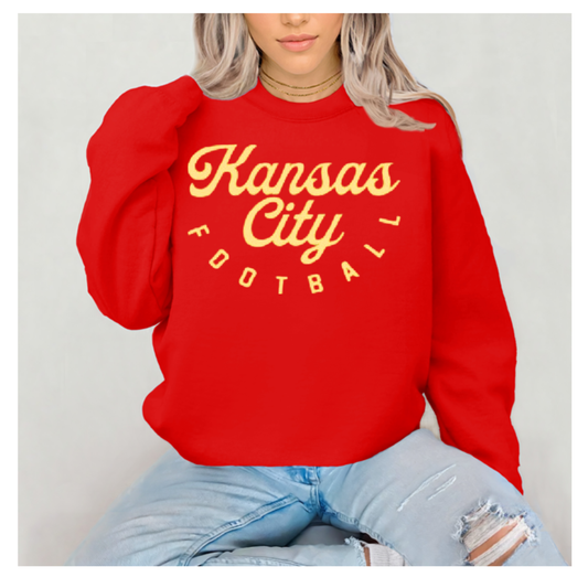 RED Unisex Crew Neck Sweatshirt KANSAS CITY Script Vintage Flock